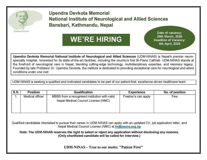 Upendra Devkota Memorial National Institute of Neurological and Allied Sciences (UDM-NINAS)- Vacancy for Medical Officer