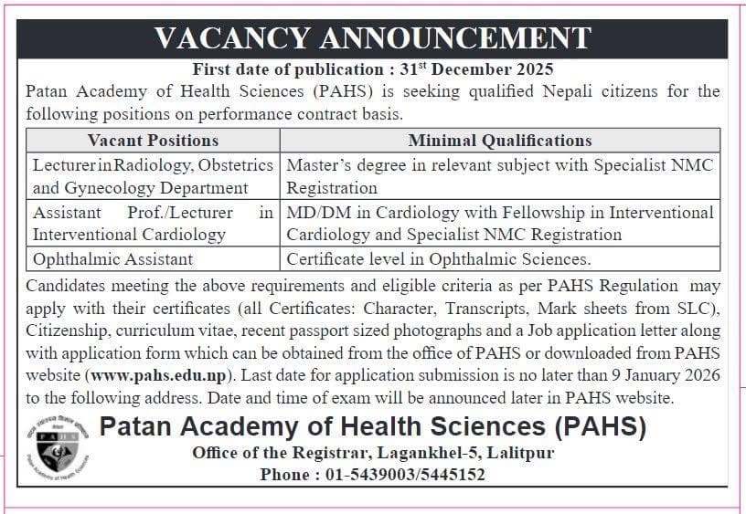 PAHS Vacancy Announcement – Faculty & Ophthalmic Assistant Positions