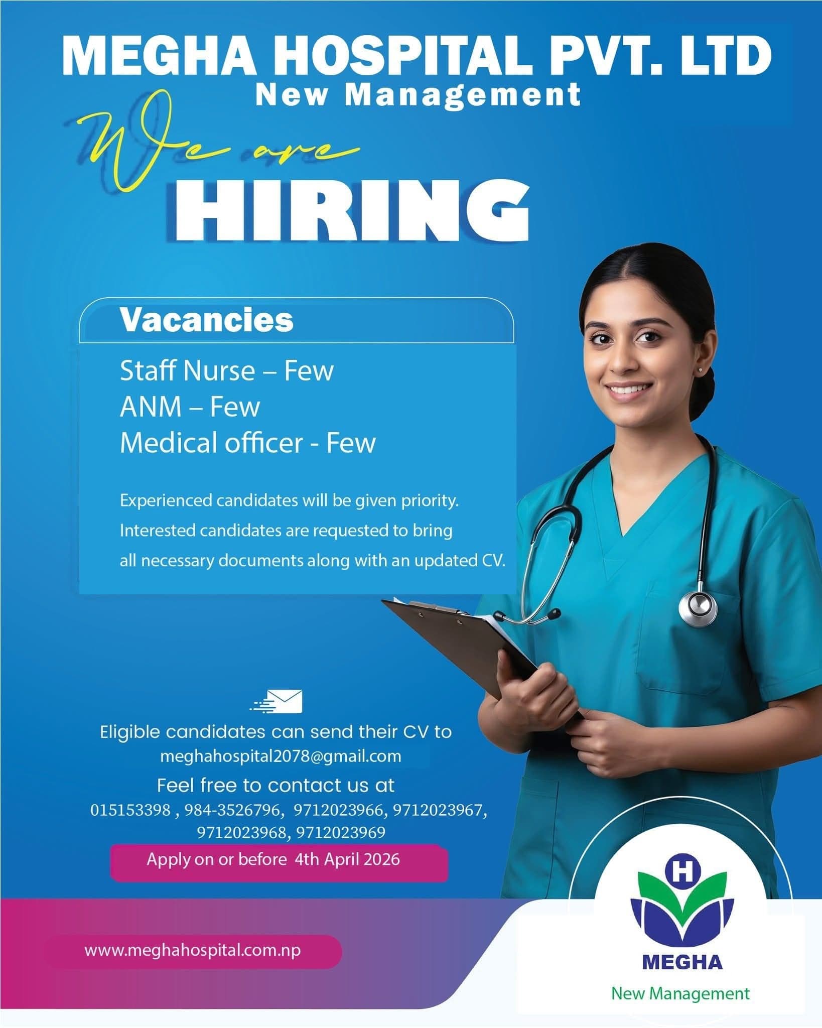 Megha Hospital Pvt. Ltd- Vacancies for Staff Nurse, ANM, Medical Officer