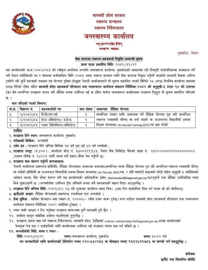 Bagmati Province Government Ministry of Health, Health Directorate- Vacancies for PCL Nurse, H.A/ A.H.W & Lab Technician/ Assistant