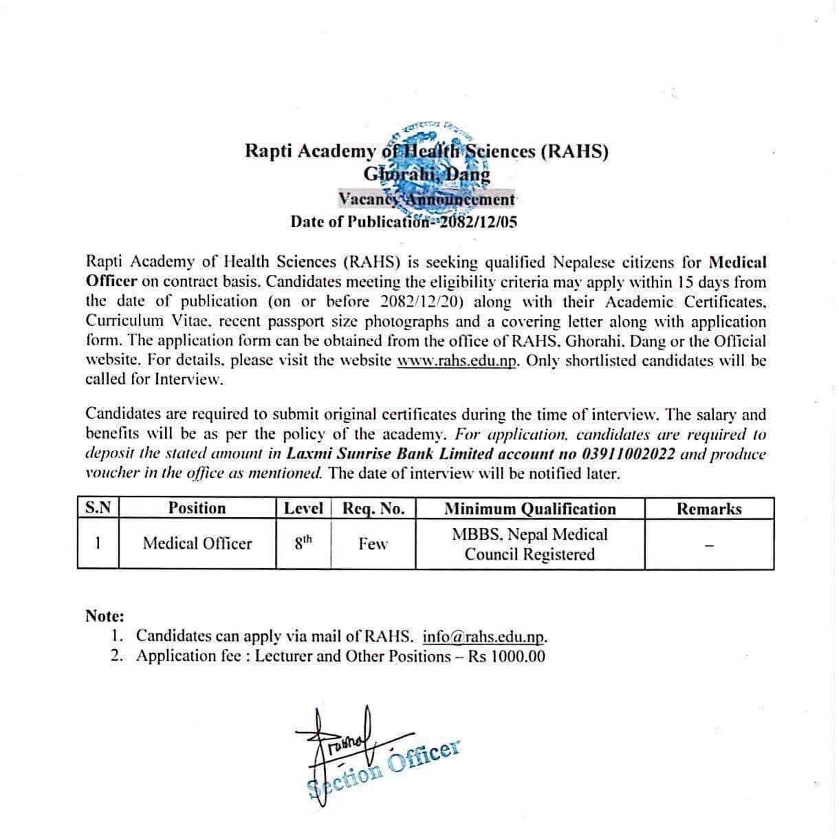 Rapti Academy of Health Science (RAHS), Vacancy for Medical Officer