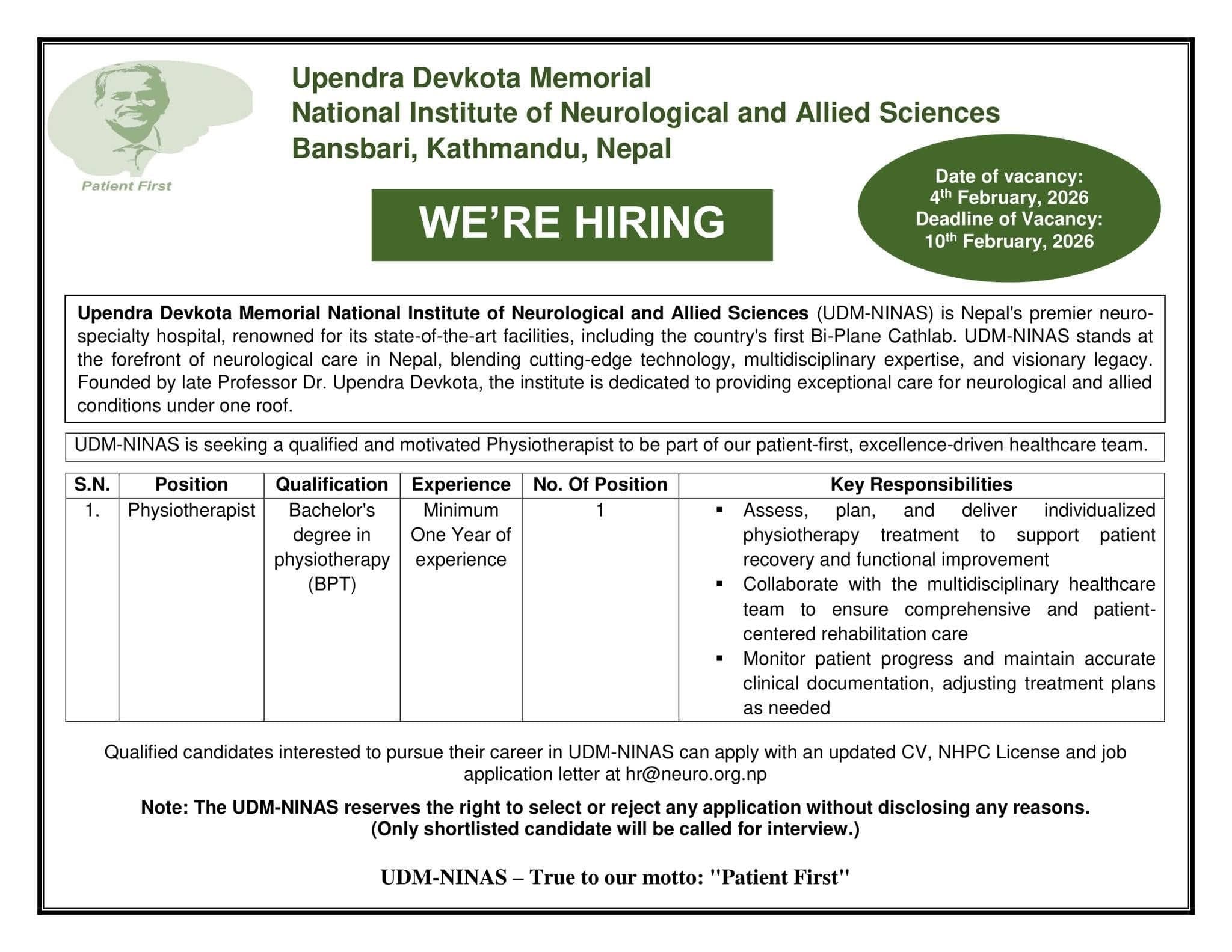 UDM-NINAS Vacancy for Physiotherapist