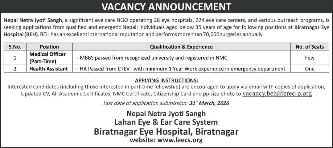 Biratnagar Eye Hospital, Vacancy for Medical Officer and H.A