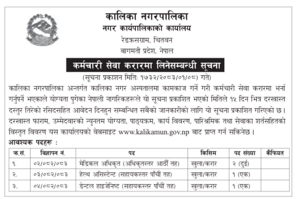 Kalika Municipality,Chitwan -Vacancy for MO,H.A and DH