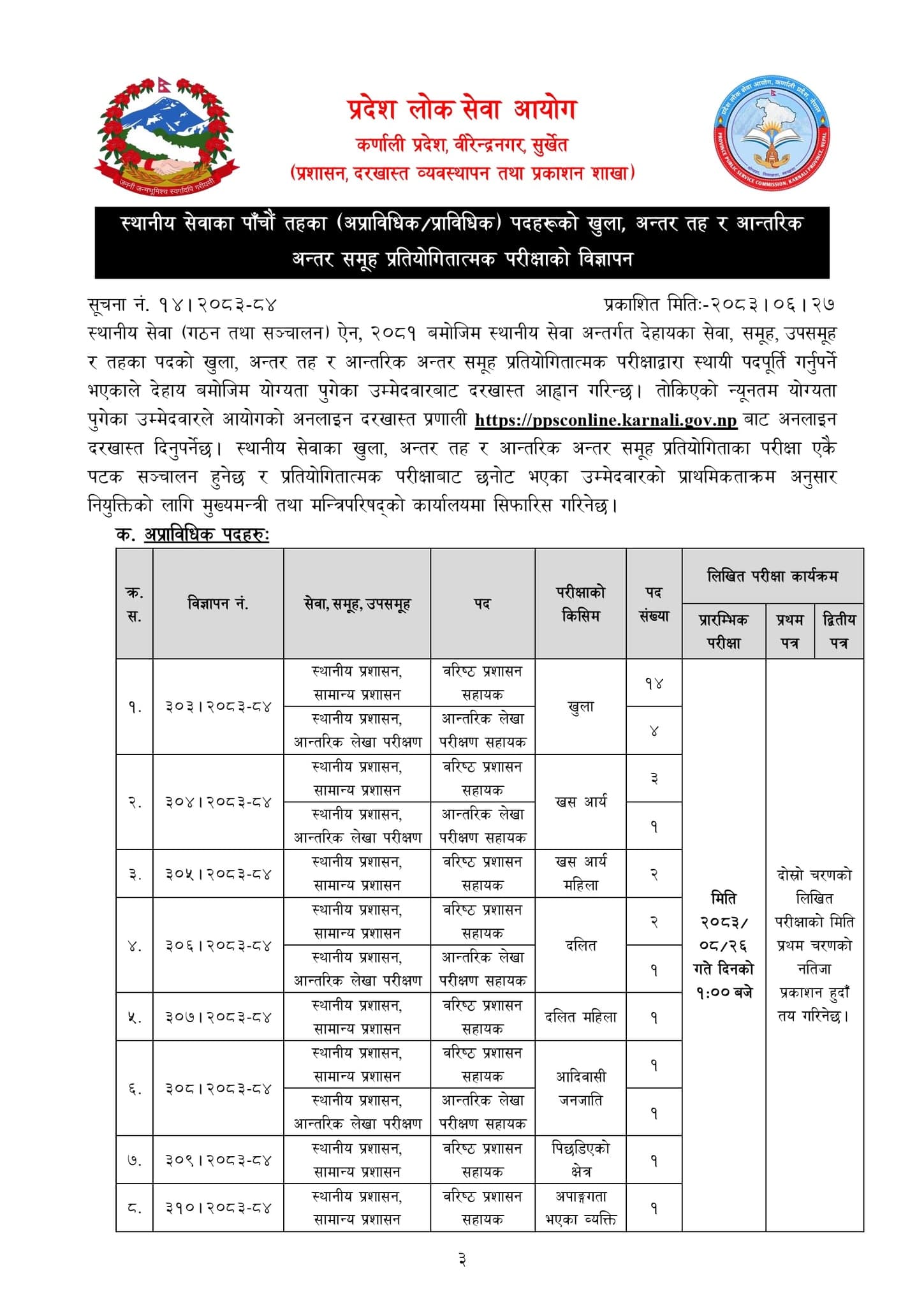 Karnali Province PSC: Vacancy for 5th level posts 2083.06.27