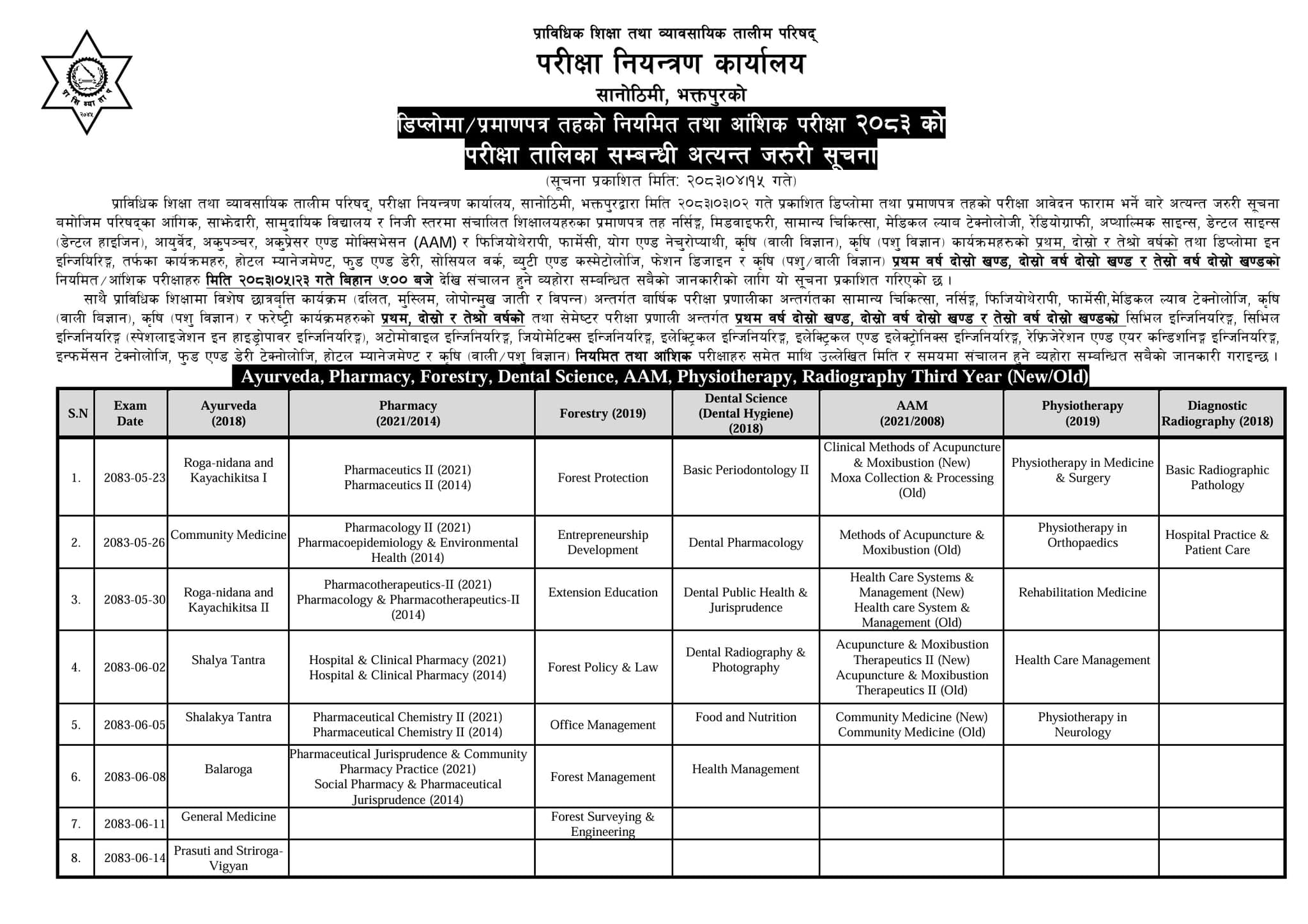 CTEVT Diploma Level_I-II_II-II_III-II Sem & First, Second & Third year Exam Routine_2083