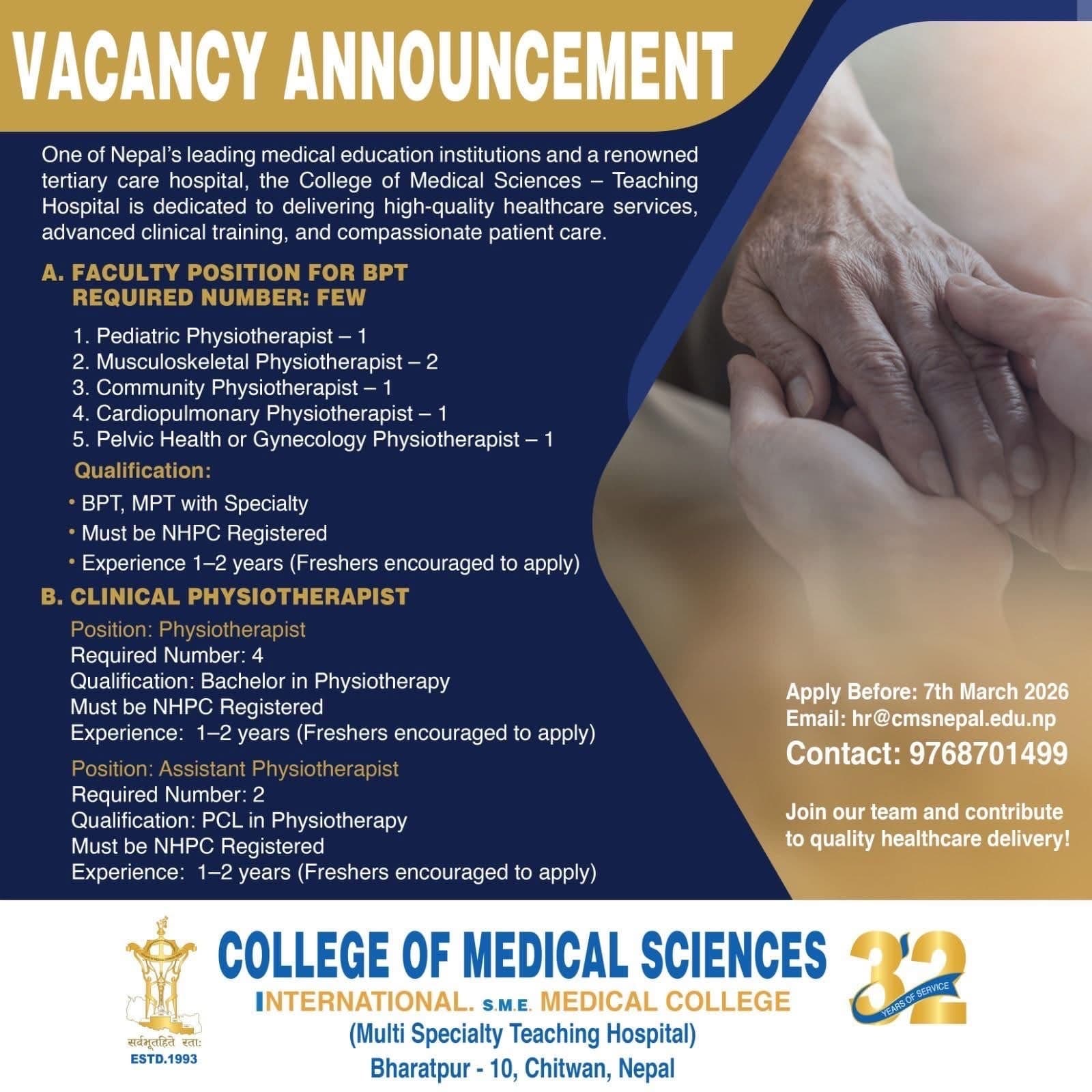 College of Medical Sciences, Bharatpur-Vacancy for BPT faculties and Physiotherapist