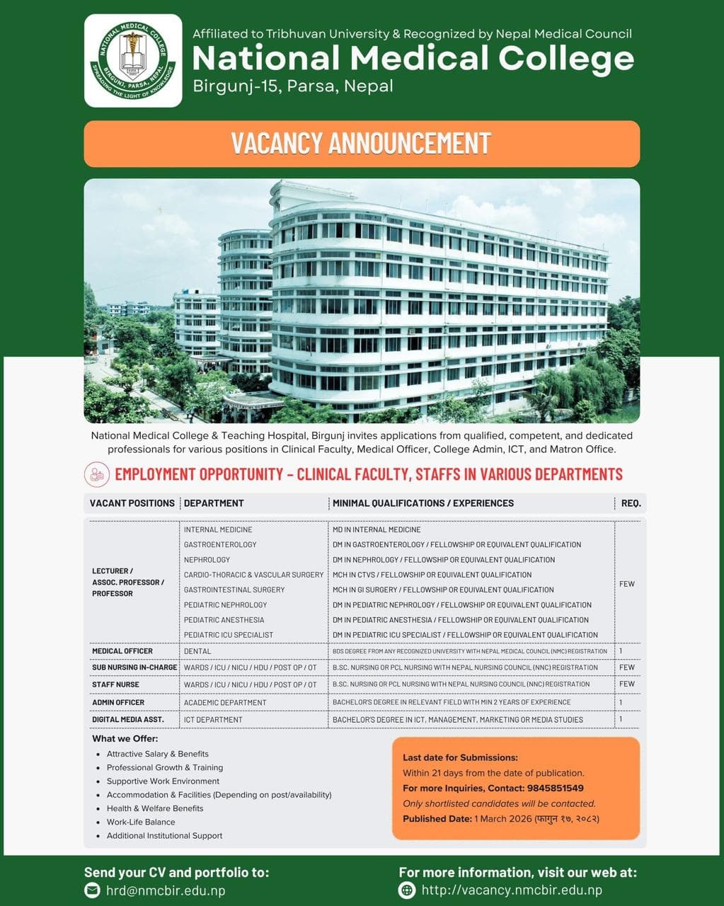 NMC BIrgunj Announces Vacancy for Clinical Faculty and Other Positions