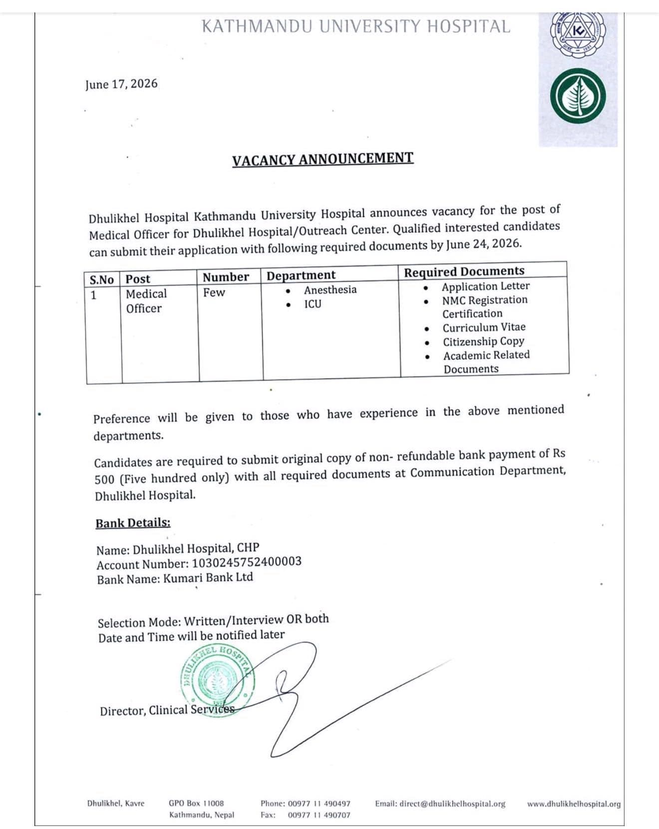 Dhulikhel Hospital- Vacancy Announcement For The Post of Medical Officer