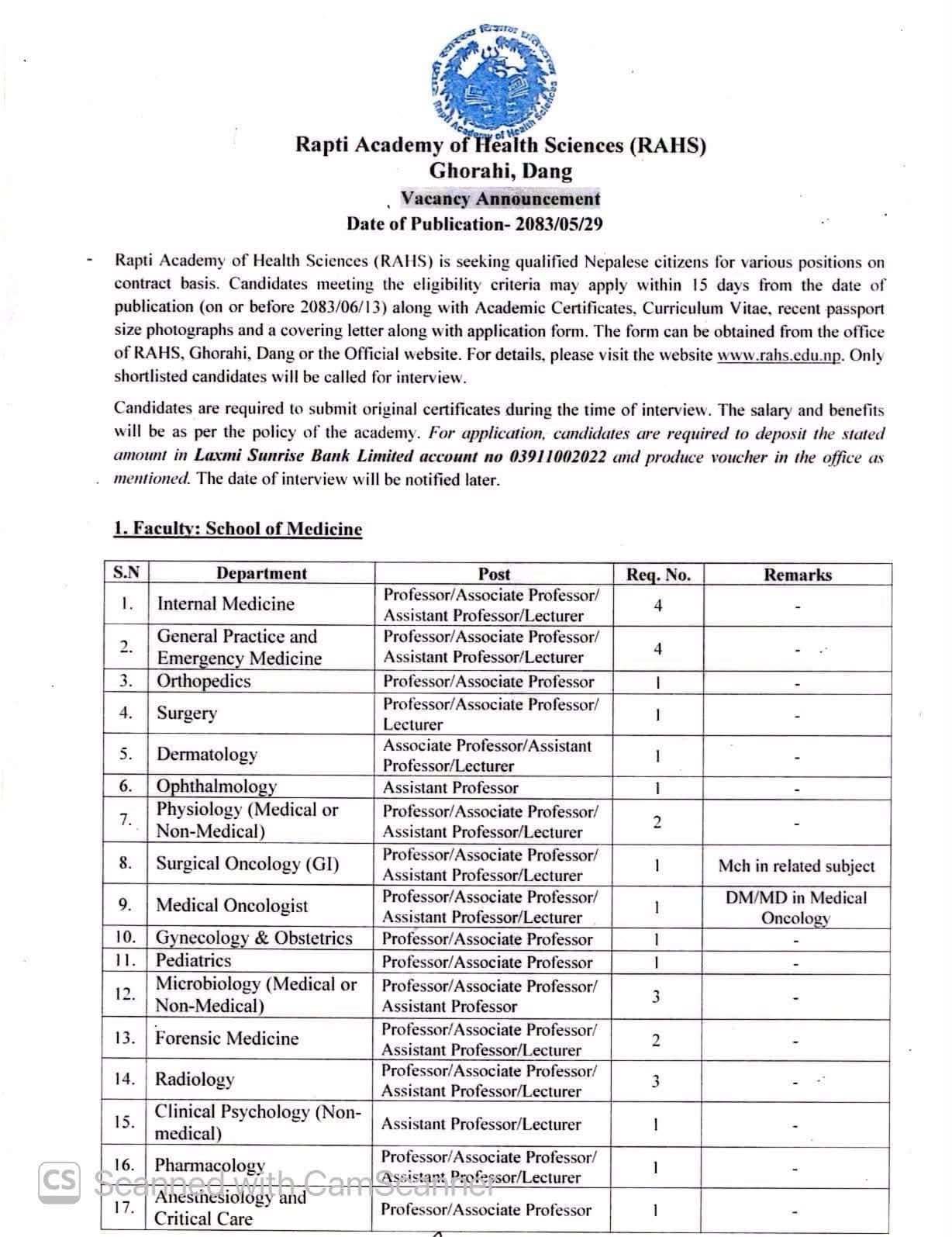 Rapti Academy of Health Sciences: Vacancy for Medical Faculties, Consultants , H.A.(6) and other posts 2083.05.29