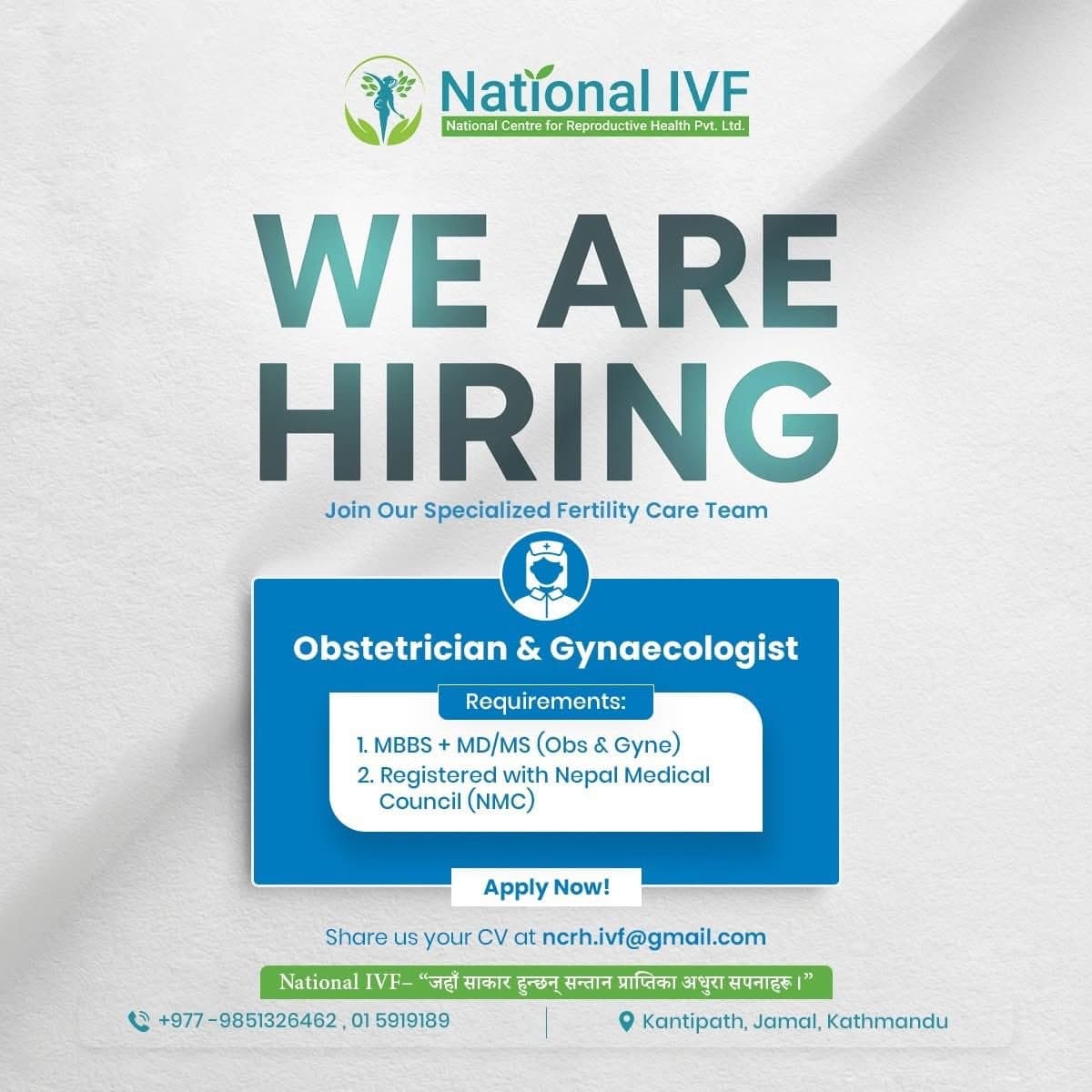 National IVF Vacancy for Obstetrician & Gynaecologist