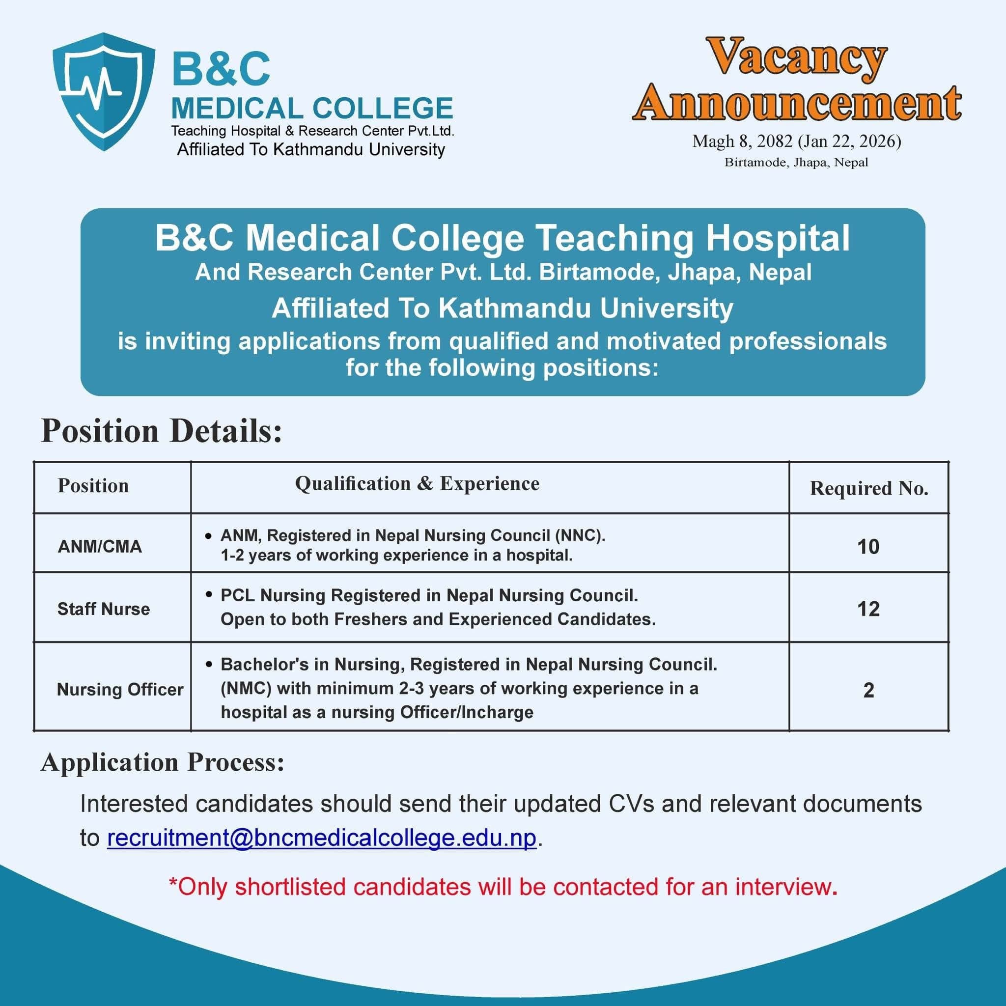 B & C Medical College Teaching Hospital Vacancy