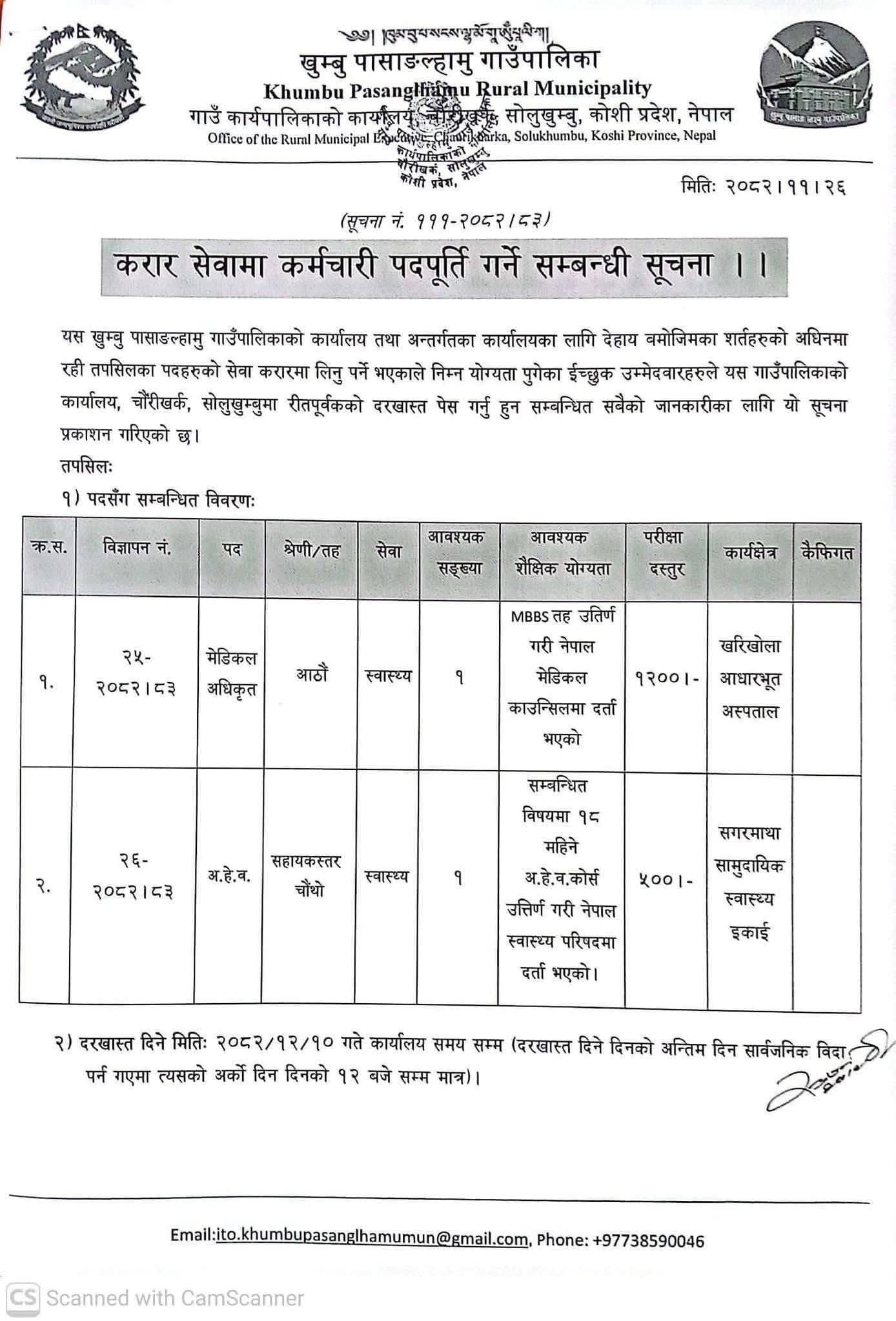 Khumbu Rural Municipality, Solu -Vacancy for MO and AHW