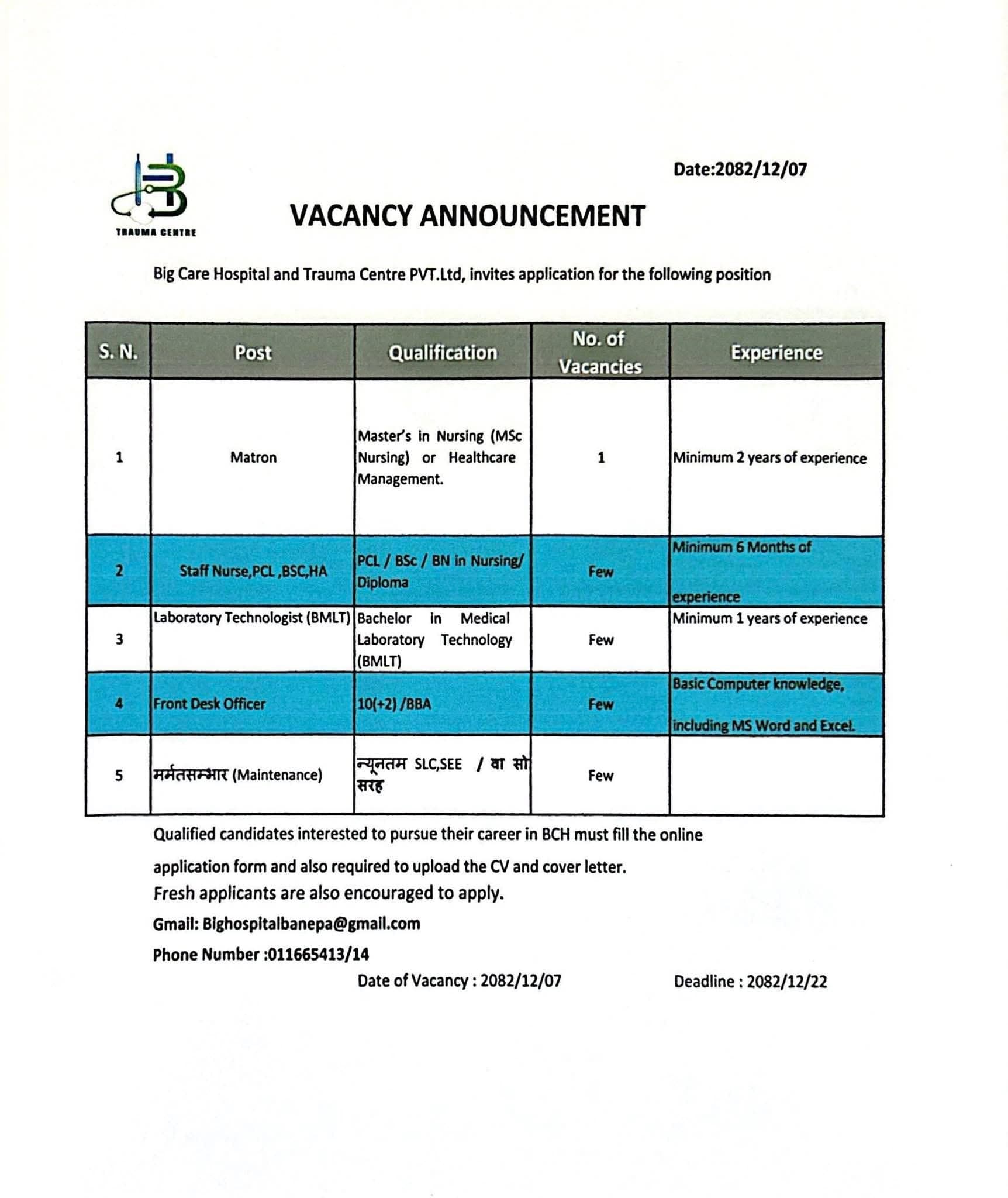 Big Care Hospital and Trauma Centre- Vacancies for Matron, Staff Nurse (PCL / BSc / HA), Laboratory Technologist (BMLT) and other posts