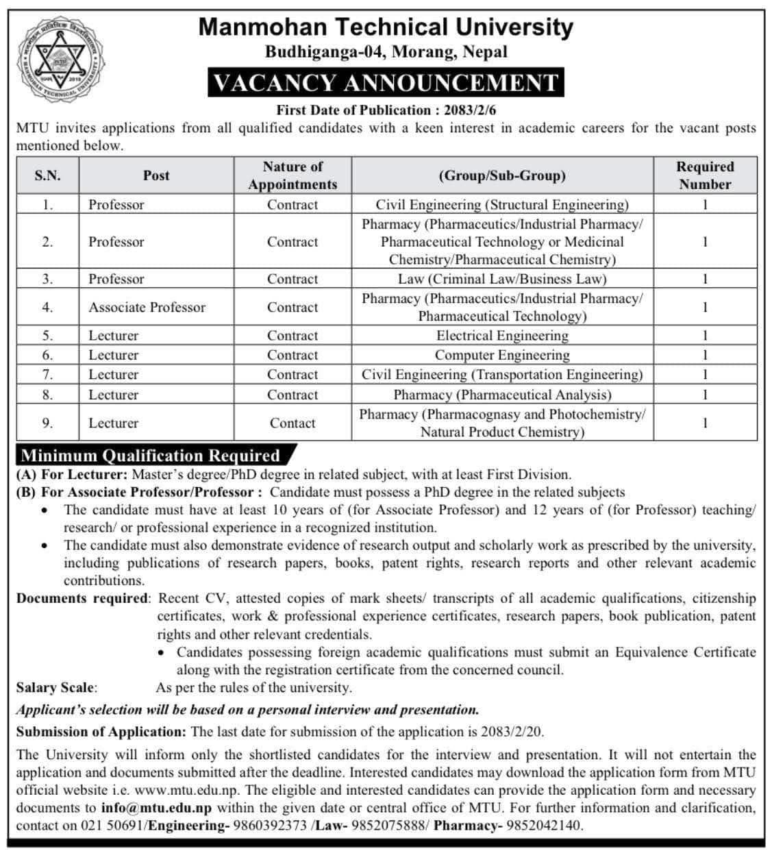 Manamohan Technical University, MorangVacancy for Teaching faculties