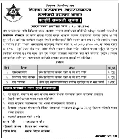 Tribhuvan University Teaching Hospital, Maharajgunj Vacancy