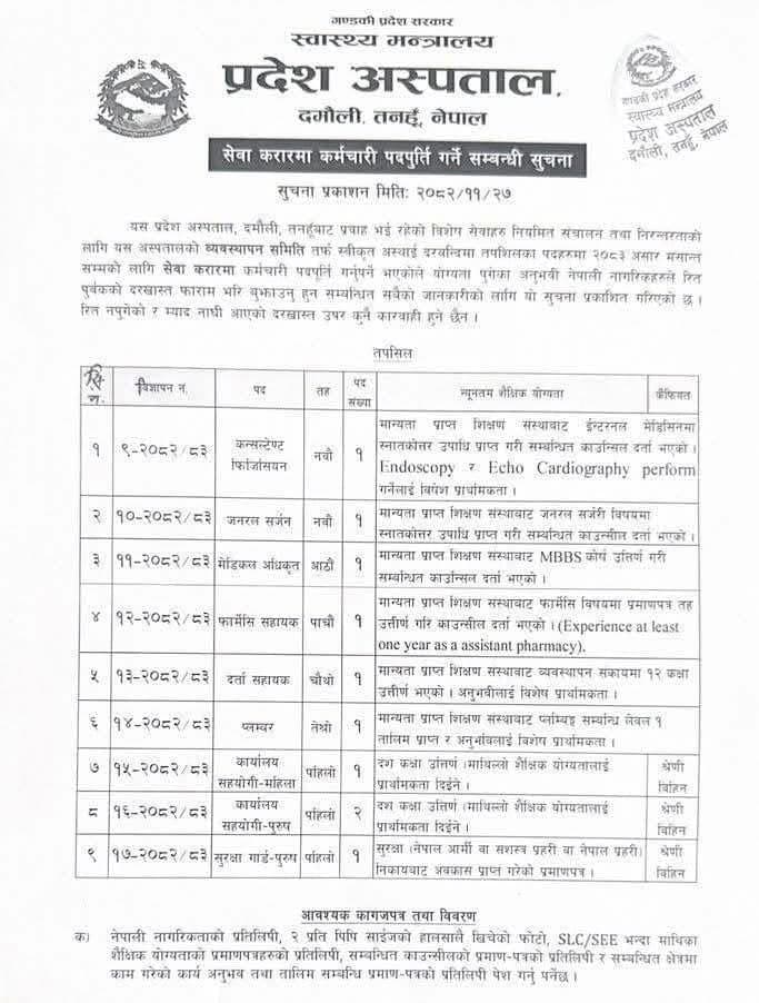 Damauli Provincial Hospital, Tanahu- Vacancy for Consultants,MO and Pharma Asst