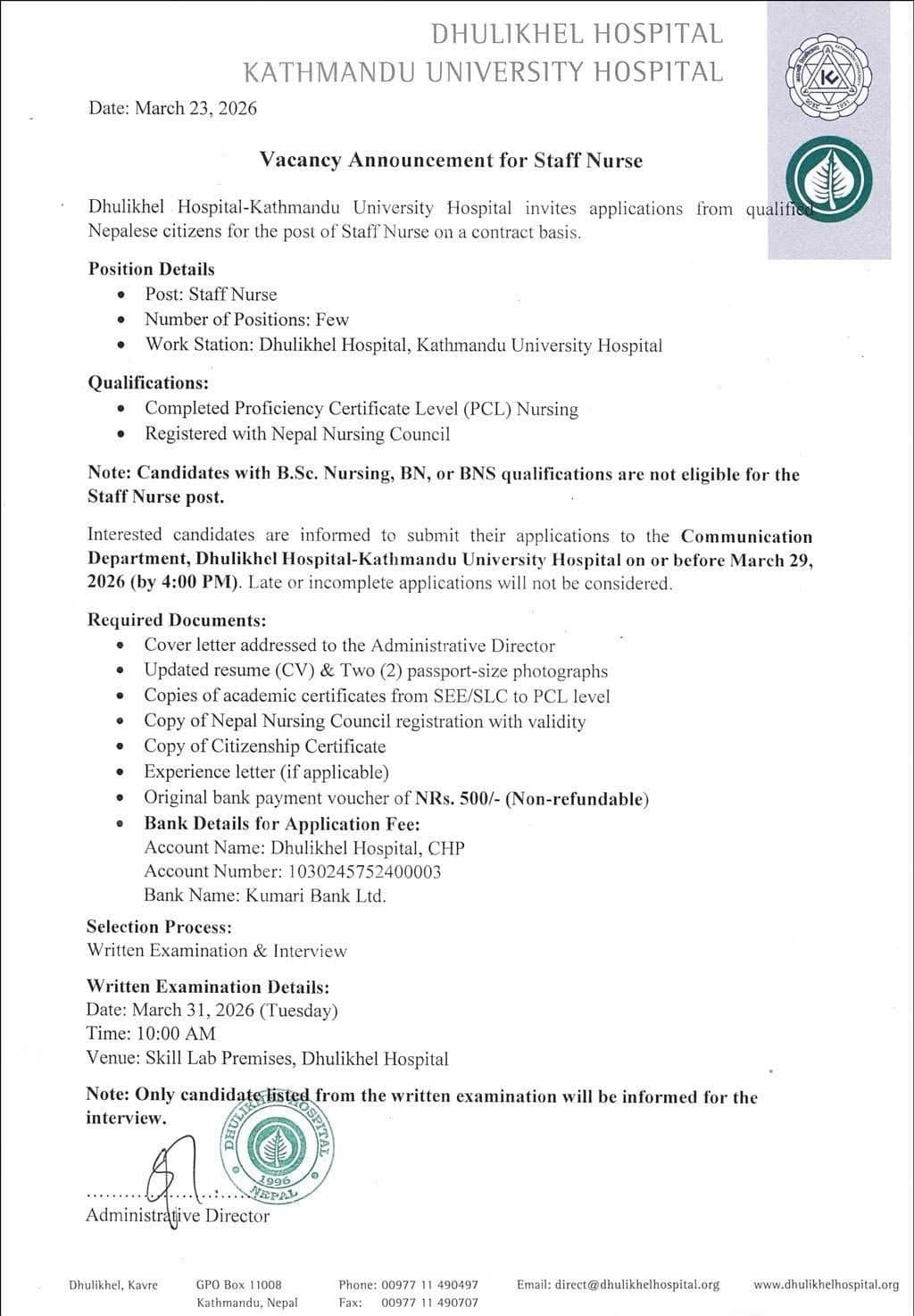 Dhulikhel Hospital - Vacancy for Staff Nurse