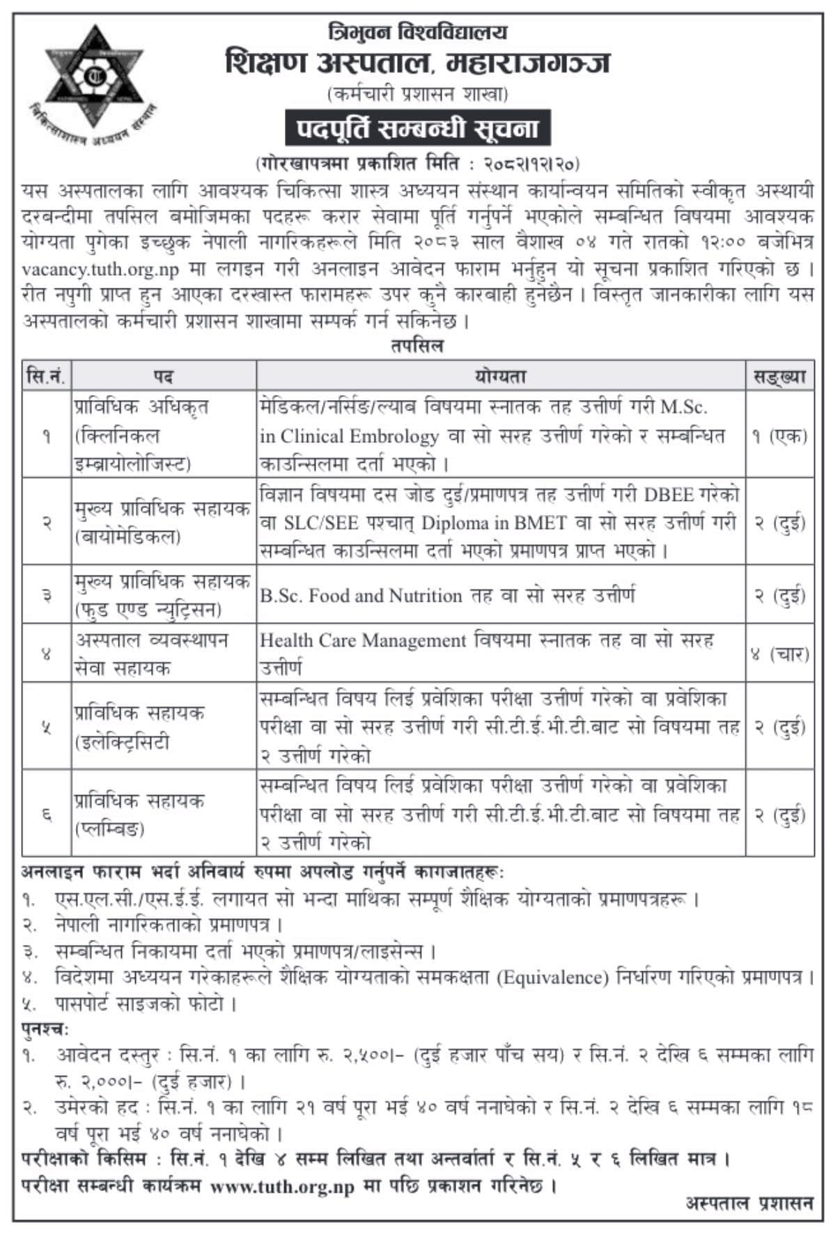 TUTH IOM vacancy in Embryology,Food and Dietetics,Health care Management, Biomedical