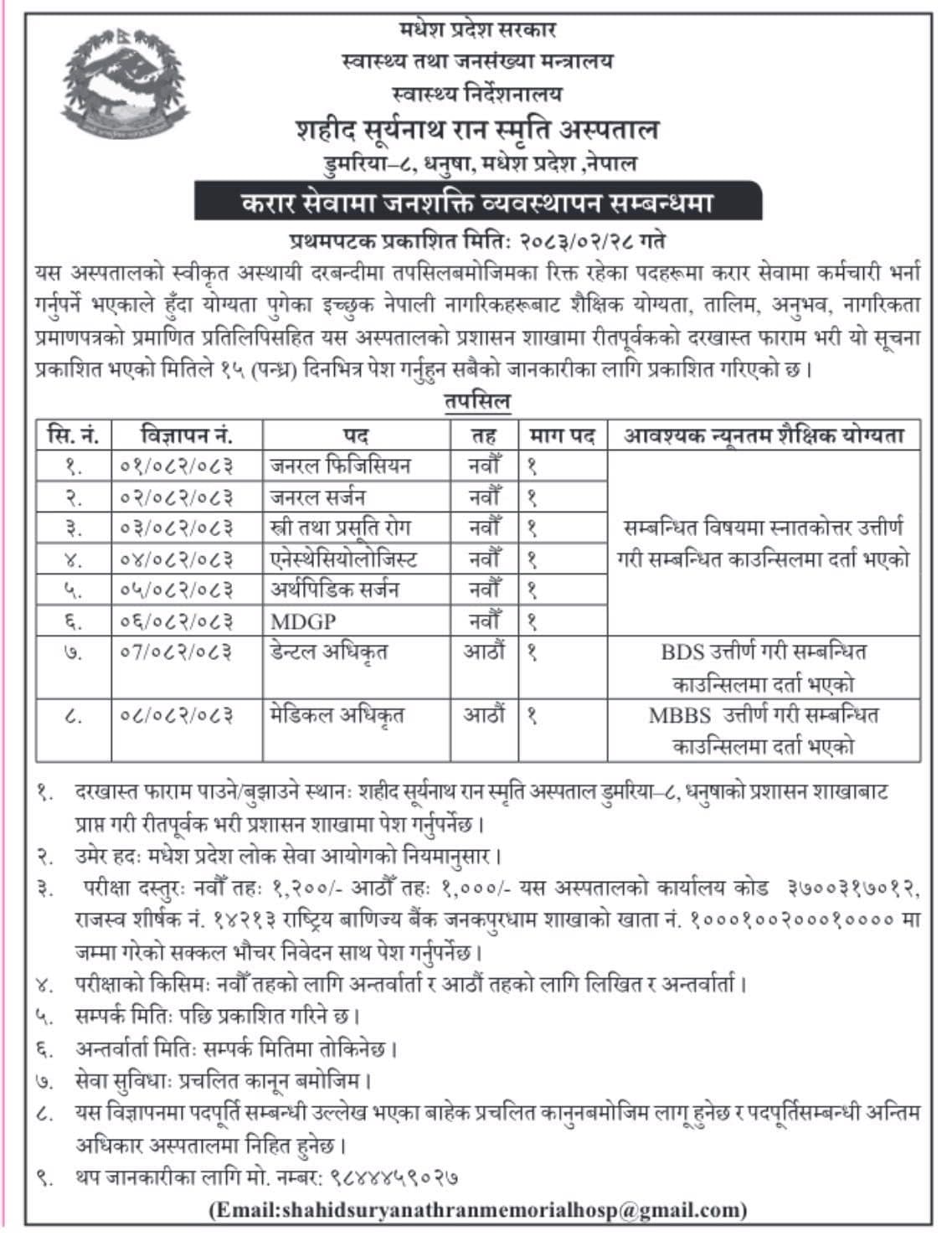 Madhesh Province, Sahid Suryanath Ran Memorial Hospital, Dhanusha - Vacancy for Consultants, Dental Surgeon and Medical Officer
