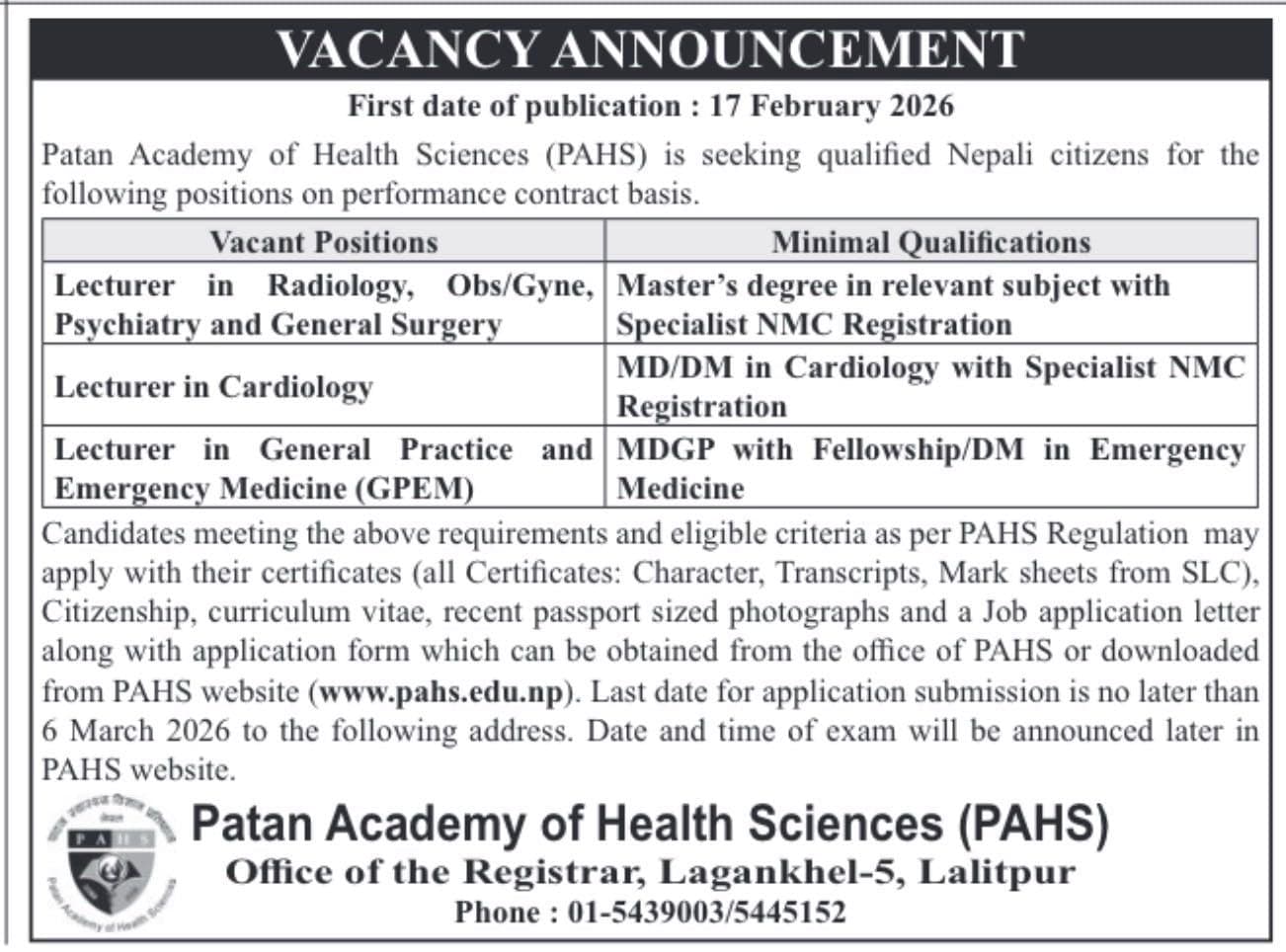 Patan Academy of Health Sciences, Vacancy for Lecturers