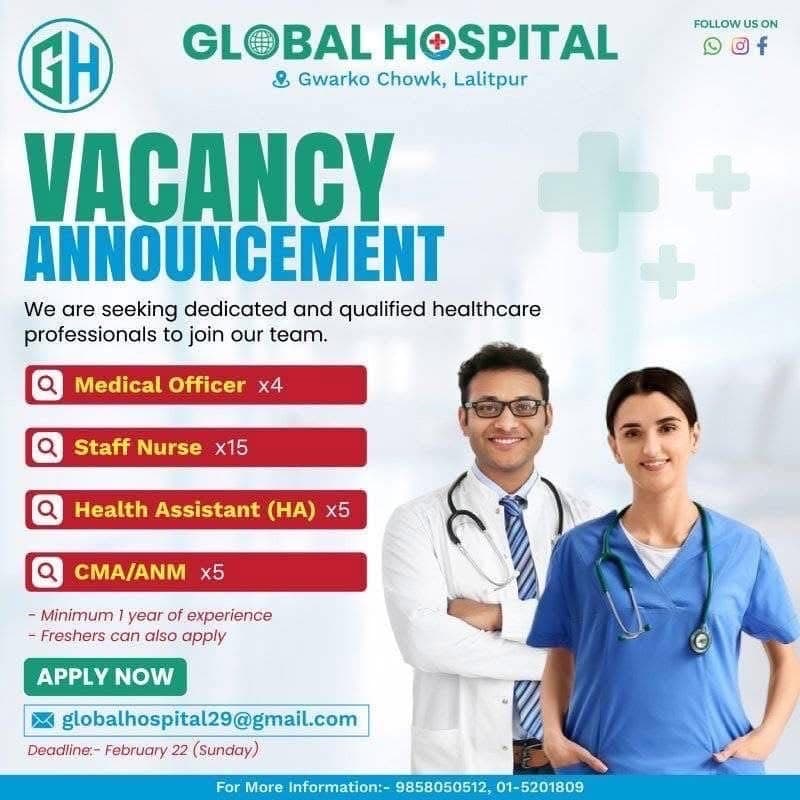 Global Hospital Gwarko - Vacancy for MO,Staff Nurse, H.A.and AHW