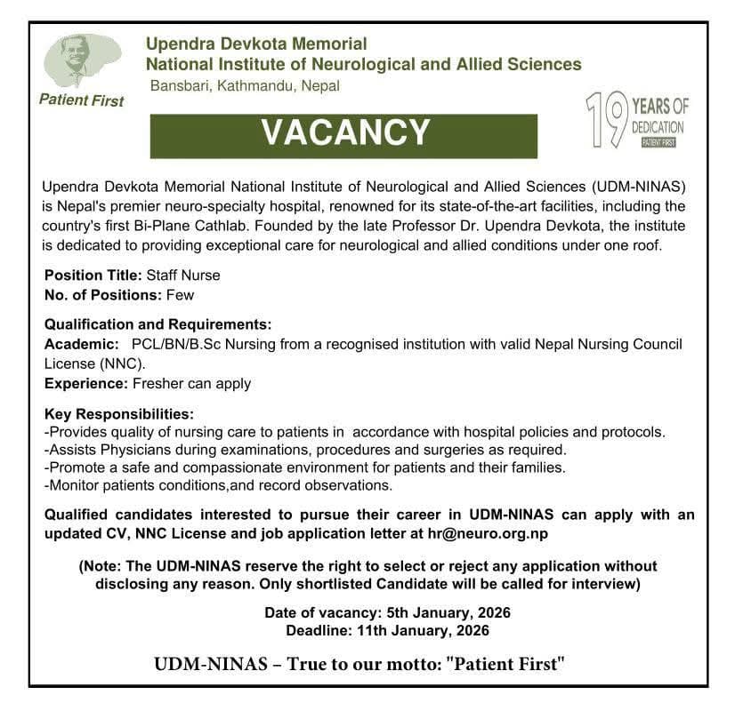 Upendra Devkota Memorial National Institute of Neurological and Allied Sciences (UDM-NINAS) Vacancy Announcement