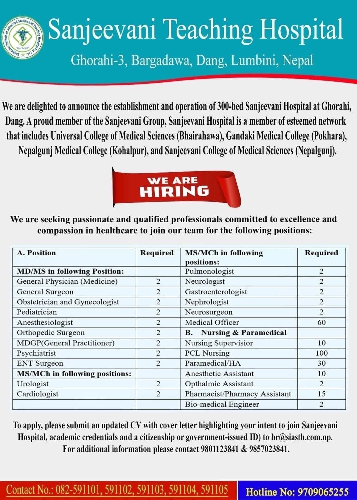 Sanjeevani Teaching Hospital, Ghorahi - Vacancy for Various Hospital posts