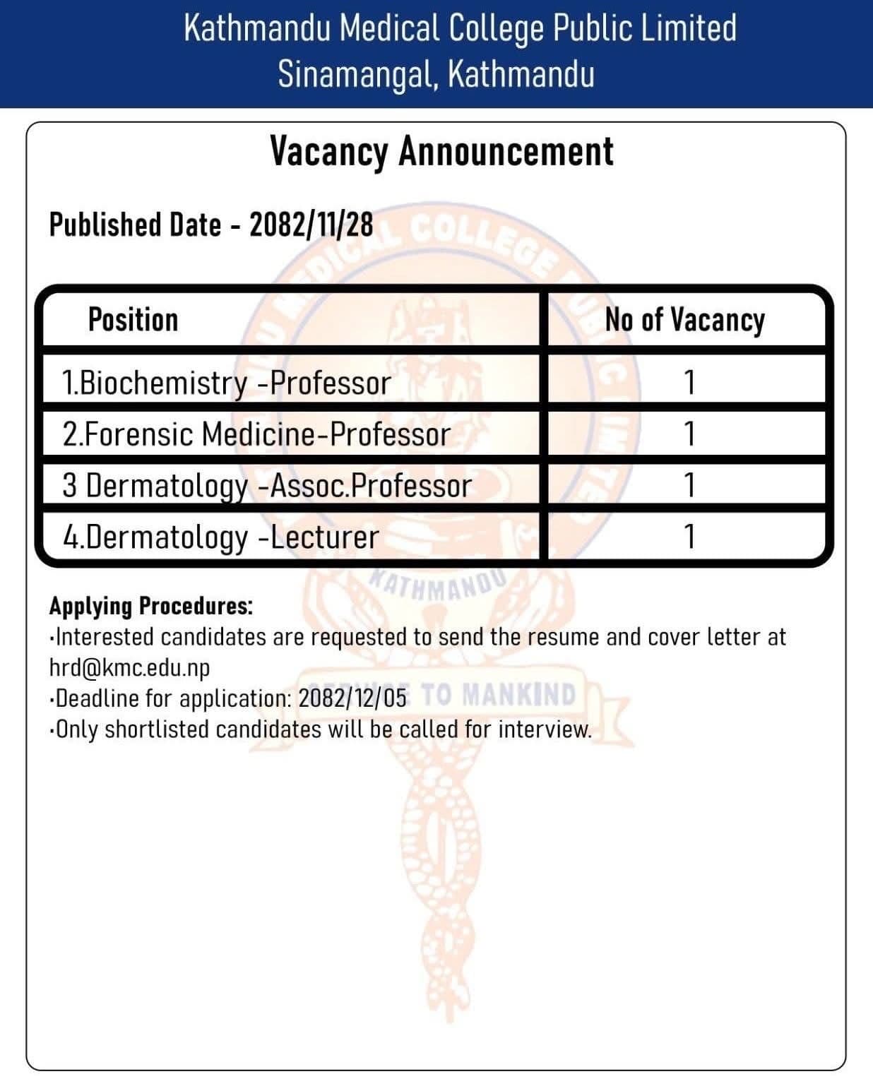Kathmandu Medical College - Vacancy for Medical Faculties