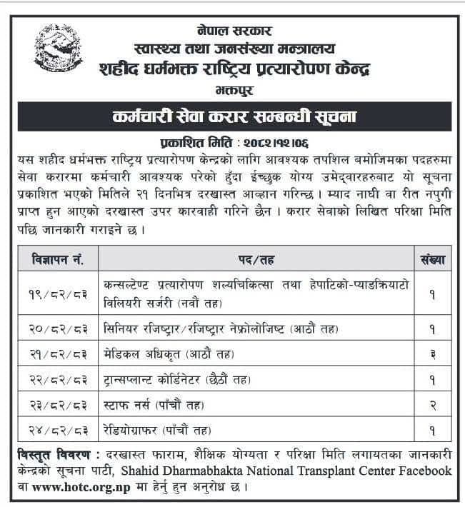 Nepal Govt. Martyr #Dhamabhakta National #Transplant Center, Bhaktapur- Vacancy for Medical_Officer, Consultants,,Staff_Nurse and Radiographer etc