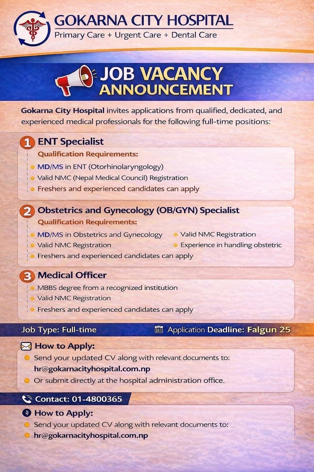 Gokarna City Hospiral -Vacancy for Medical Officer and ENT,Gynecologist