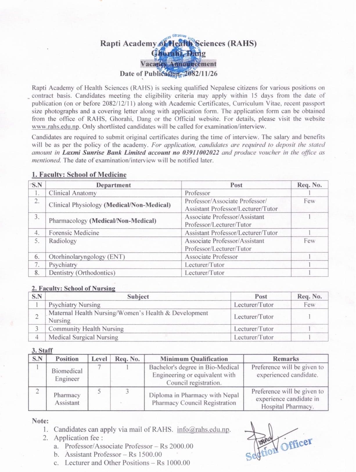 Rapti Academy of Health Science- Vacancy Announcement for post of faculty: School of Medicine, School of Nursing & Staff