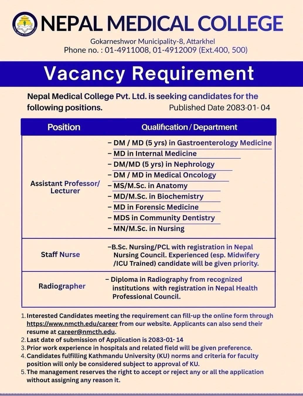 Nepal Medical College Jorpati - Vacancy for Medical and Nursing faculties and staff