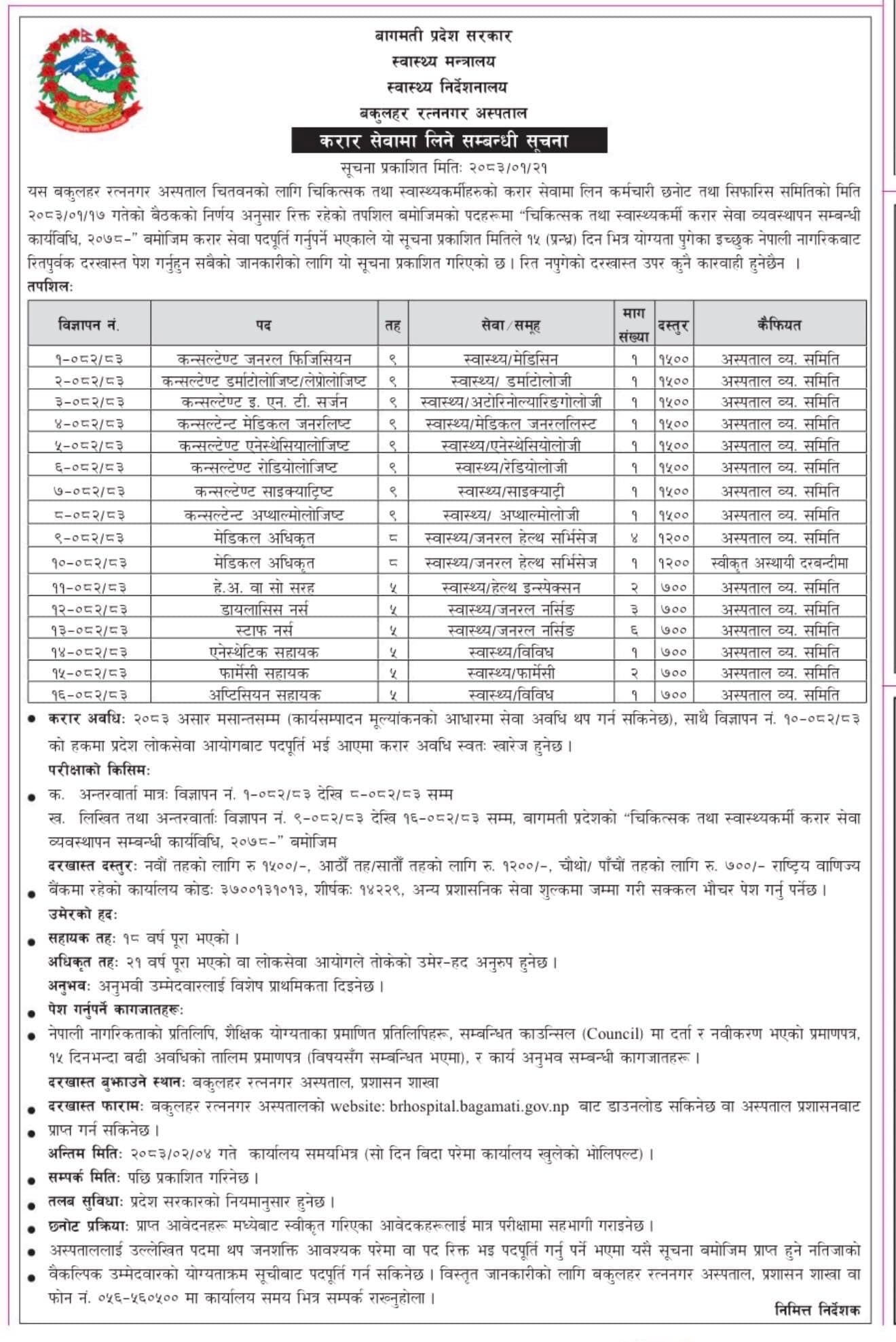 Bagmati Provincial Govt., rRatnanagar Hospital, Chitwan - Vacancy for Medical Officer,Consultants, Staff Nurse and other Health Sector positions