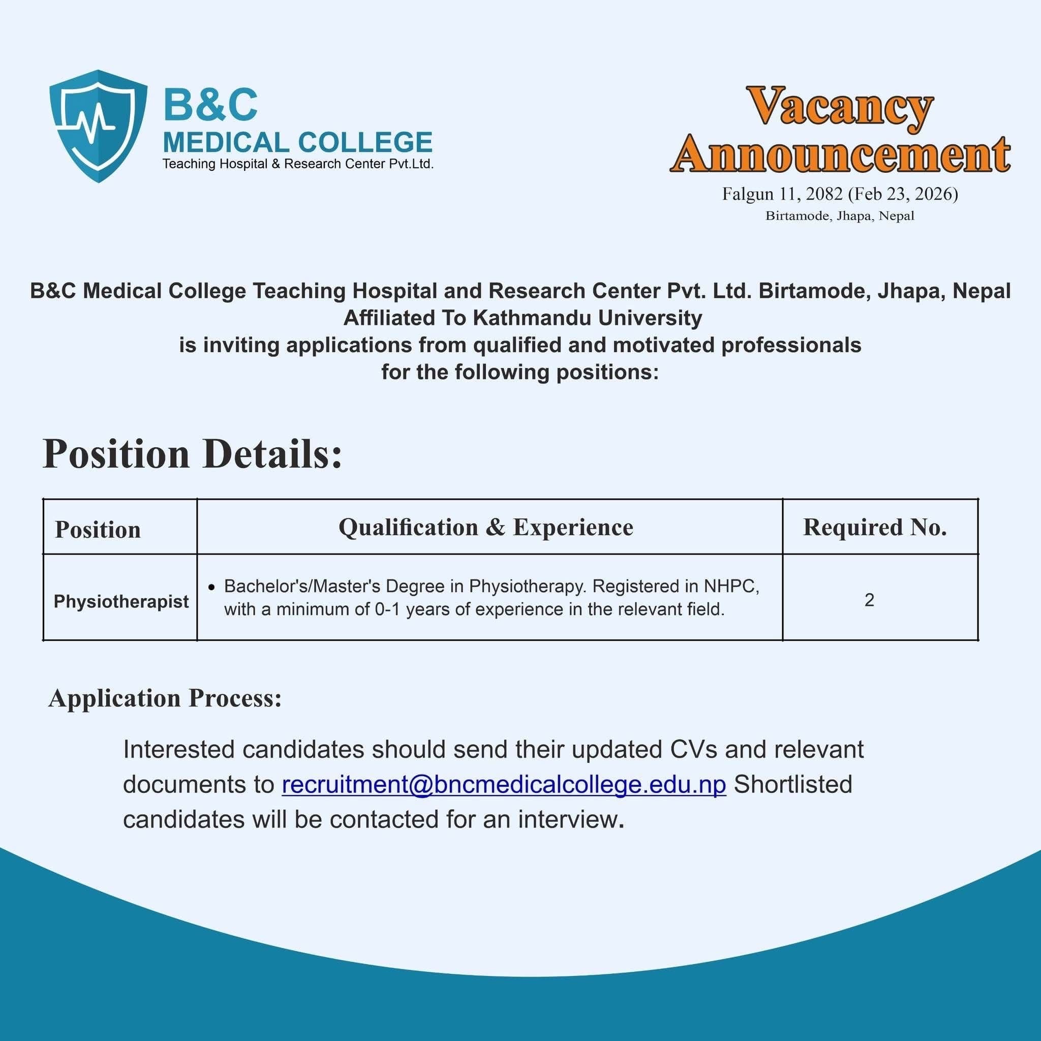 B &C Hospital, Birtamod-Vacancy for Physiotherapist