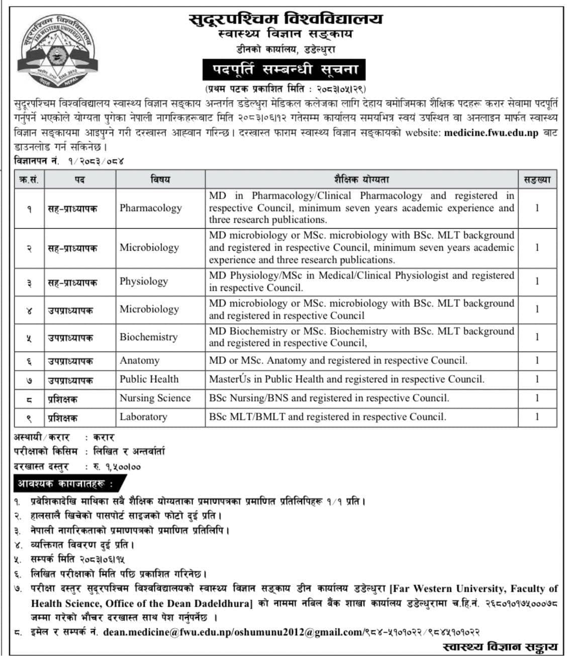 Sudurpaschim University: Vacancy for Medical,Nursing and Public Health Faculties 2083.05.29