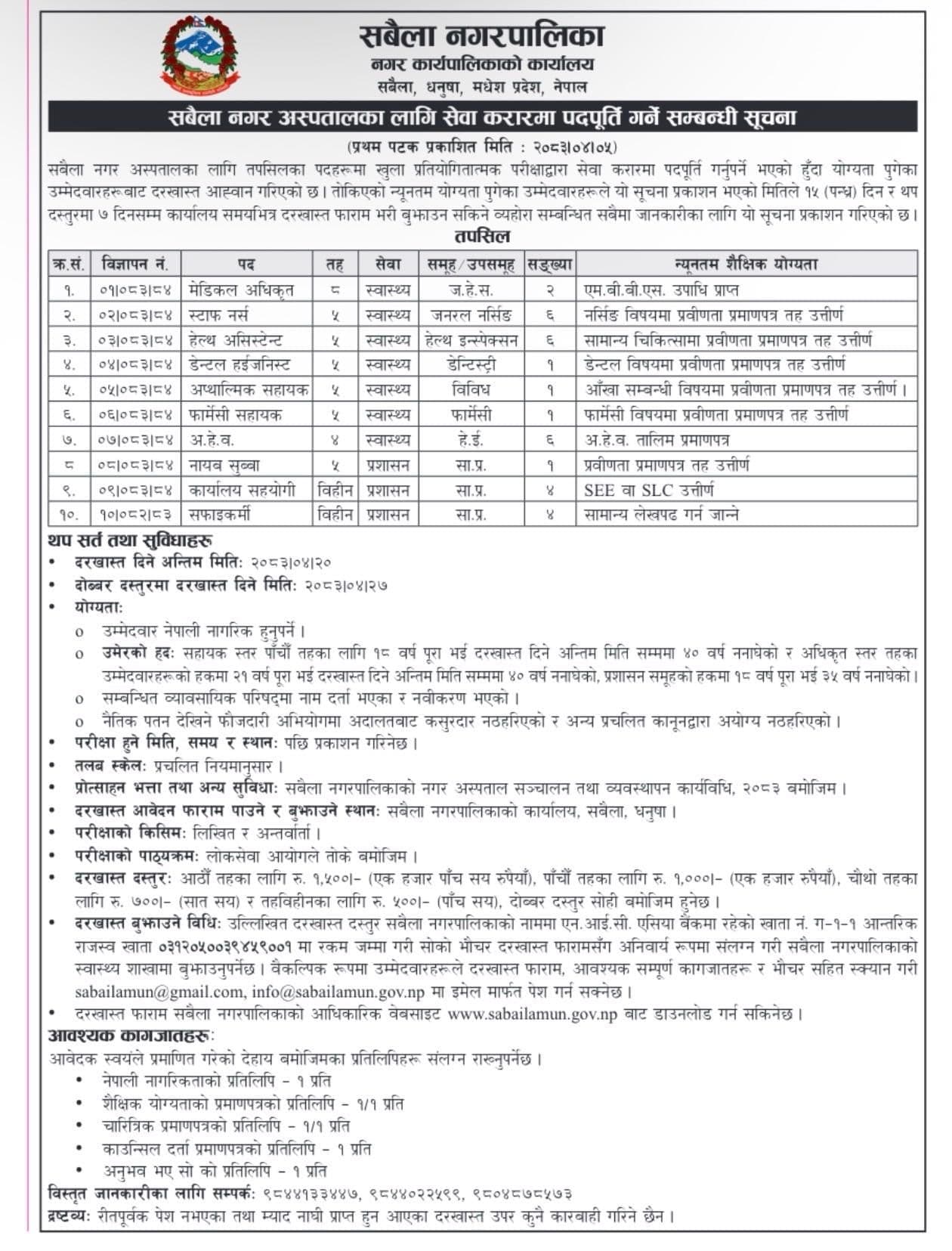 सबैला नगर अस्पताल धनुषा: Vacancy for Medical Officer, Pharmacy Assistant, OA, DH, HA, Staff Nurse & AHW