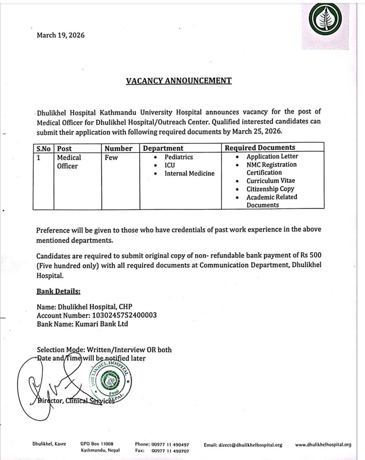 Dhulikhel Hospital-Vacancy for Medical Officer