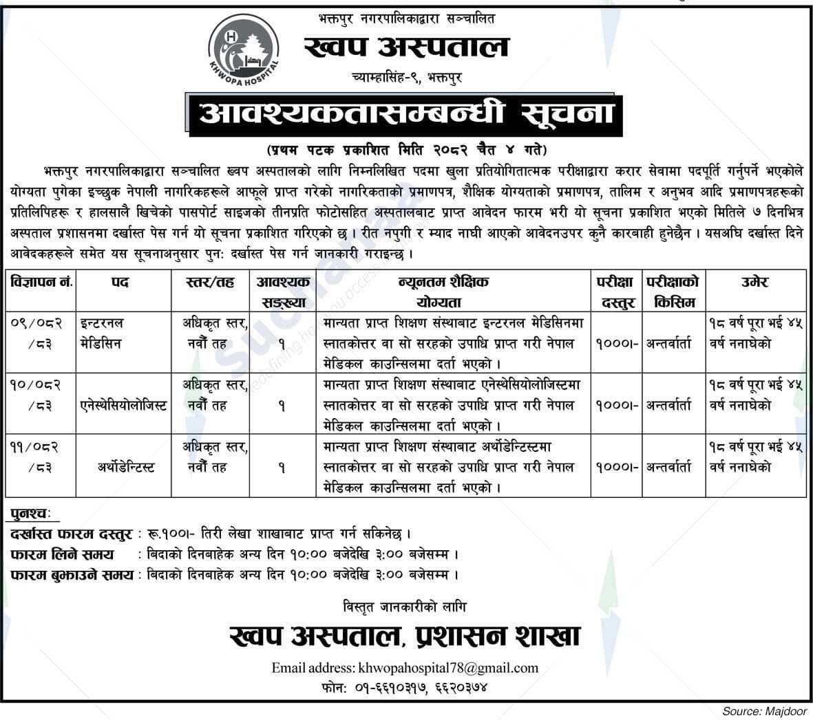 Khopa Hospital- Vacancy for Consultants