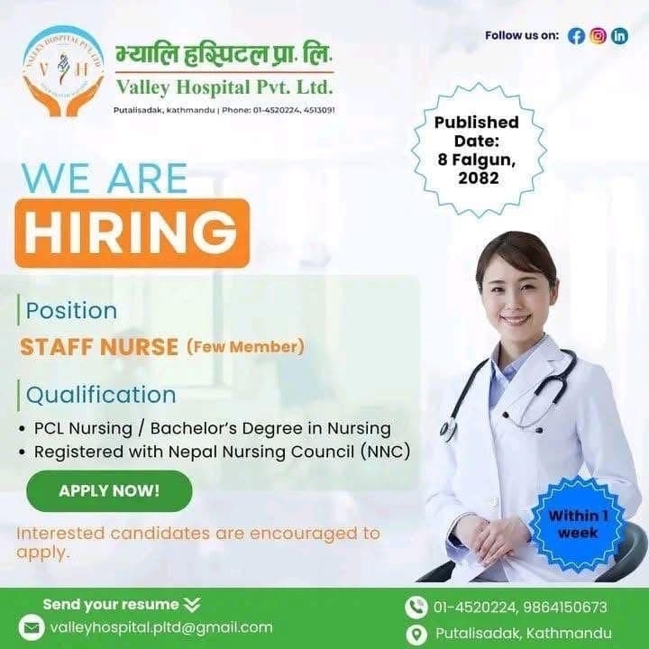 Valley Hospital,Putalisadak - Vacancy for Staff Nurse