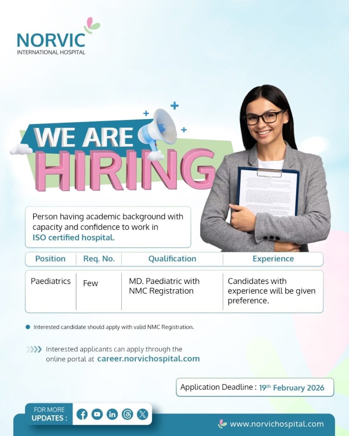 Norvic Hospital, vacancy for MD Paediatrician