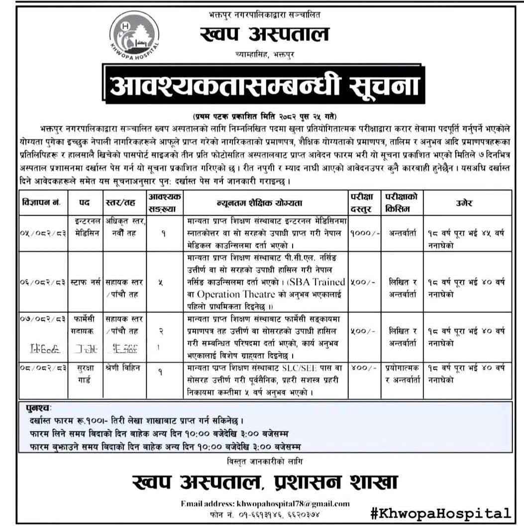 Khwopa Hospital, Bhaktapur Vacancy Announcement