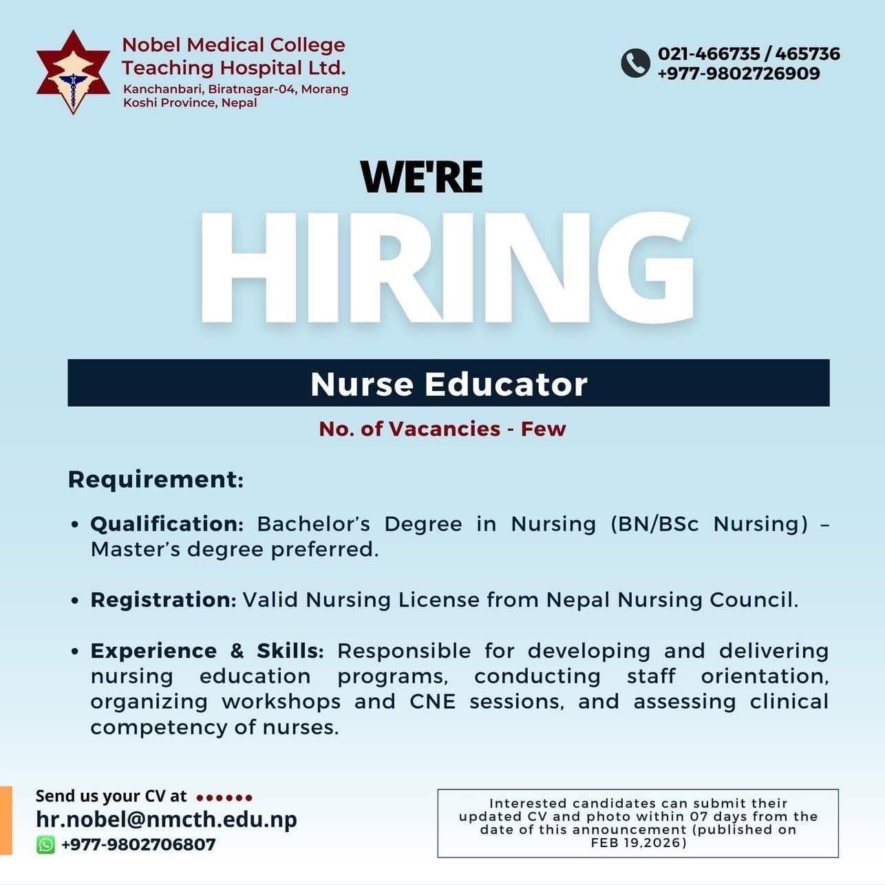 Nobel Medical college- vacancy for nursing educators